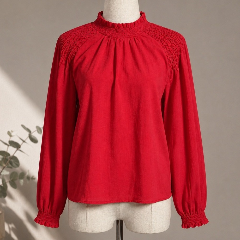 Ann Taylor Red Smocked Mock Neck Bishop Sleeve‎ Blouse Medium Modest Office